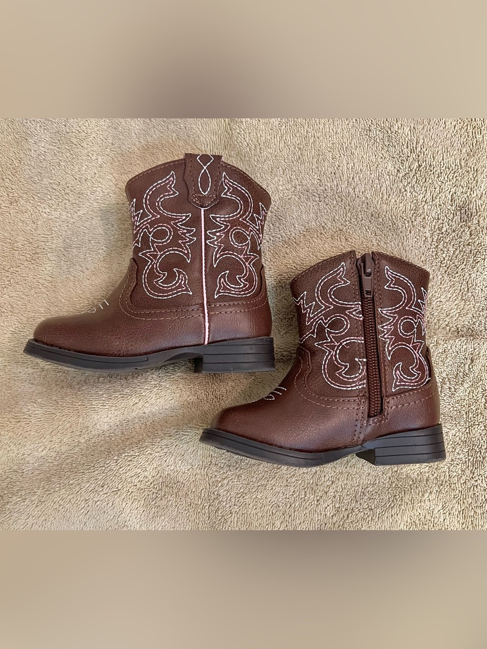 Brown Toddlers' Western Cowboy Boots with Pink & White Stitching